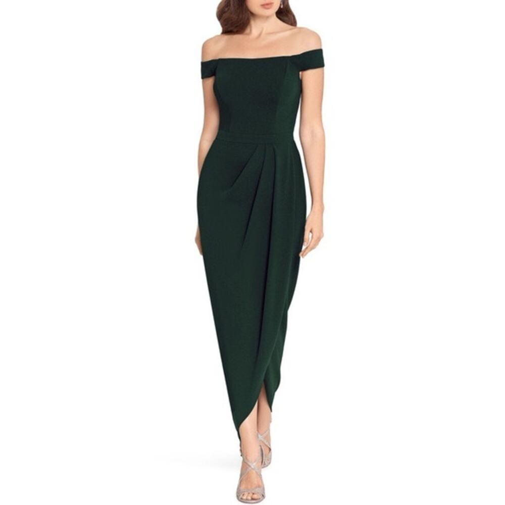 XScape Off The Shoulder Wrap Front Scuba Crepe Evening Gown in Pine Green Size 4